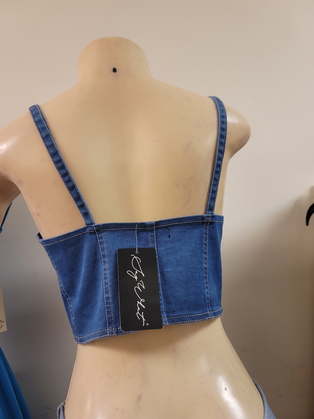 2 Denim Zip-Front Bustier Crop Top - Light & Medium Blue - Picture 6 of 7